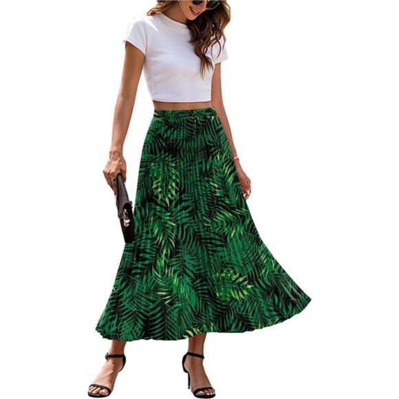 Women's Summer High Elastic Waist Pleated Chiffon Skirt Swing Maxi Skirt
